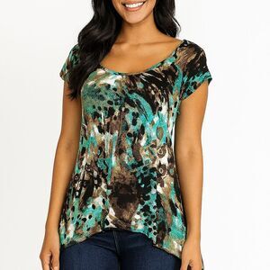 Vintage 90s Agenda Blouse M Animal Print Sharkbite Teal Brown Made In USA